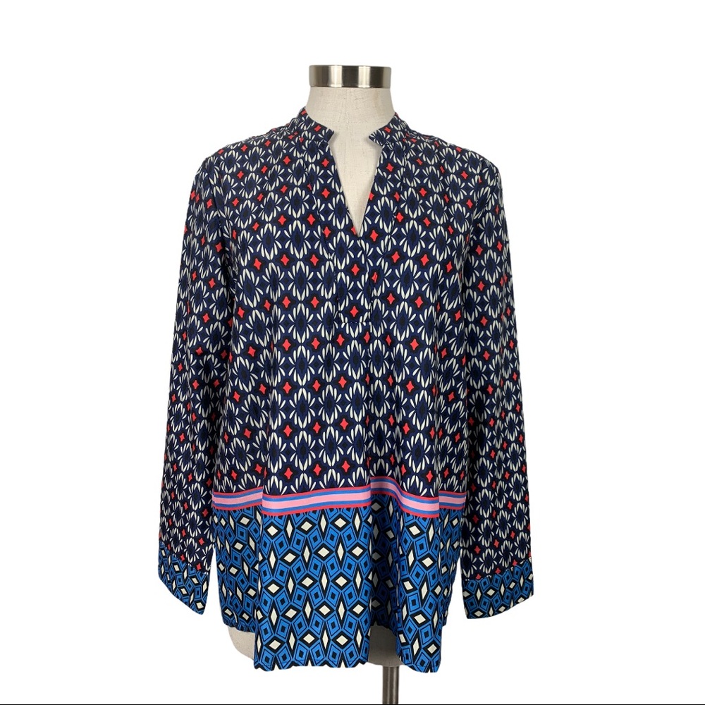 Jade Navy V Neck Geometric Print Shirt Medium